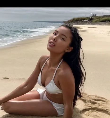 She is in the sea on a simple beach just sand and sea.. sitting in the water and sunbathing in the sun.,tinashe,nahri,solange,jorja,namibian,ciara,leigh,bonang,santana,brittanie,beach background,janel