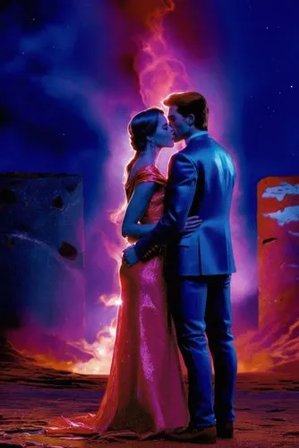 the couple is kissing in front of a sky background,romantic scene,cosmos 1999,struzan,romantica,eloped,supercouple,Illustration,American Style,American Style 01