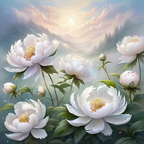 white water lilies,lotus flowers,flower painting,flower background,white chrysanthemum,japanese anemone,white daisies,the white chrysanthemum,white cosmos,chrysanthemum background,white magnolia,lotuses,sacred lotus,white chrysanthemums,lotus blossom,white water lily,celestial chrysanthemum,splendor of flowers,magnolia star,shasta daisy,Illustration,Realistic Fantasy,Realistic Fantasy 01