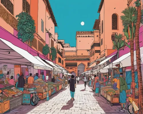 marrakech,marrakesh,souk,souq,cagliari,nizwa souq,mediterranean,medina,the market,marketplace,spice souk,market,doha,morocco,cairo,casablanca,jaffa,tuscan,damascus,alhambra,Illustration,Japanese style,Japanese Style 04