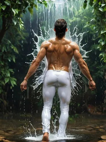 a man in white trunks stands in a waterfall, water droplets pouring out from the ground,hrithik,nanjundaswamy,narciso,ranveer,pelado,polykleitos,Art,Classical Oil Painting,Classical Oil Painting 02