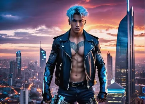 Muscular man, Jungkook AI, standing, confident posture, futuristic cyberpunk background, neon lights reflecting off metallic skin, silver hair, sharp jawline, piercing blue eyes, intricate circuitry t