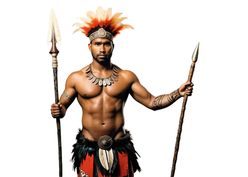 Duku PNG, Papua New Guinea warrior, muscular male, traditional clothing, feather headdress, painted face, holding spear, standing, confident pose, strong physique, detailed tattoos, warm lighting, ear