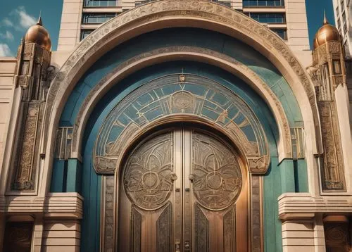 Art Deco architecture, 1920s style, luxurious skyscraper, grand entrance, ornate bronze doors, geometric patterns, intricate stone carvings, metallic materials, symmetrical composition, urban cityscap