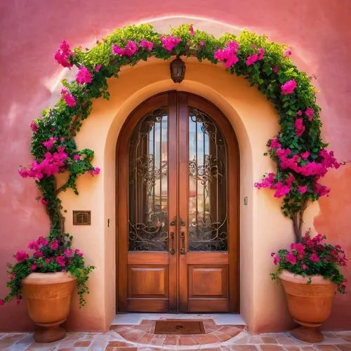 door wreath,garden door,front door,doorways,rose wreath,doorway,greek island door,blooming wreath,flower wreath,entryways,wreath of flowers,entryway,doorstep,floral wreath,bougainvilleas,floral greeting,rose arch,the threshold of the house,fairy door,open door,Conceptual Art,Oil color,Oil Color 23