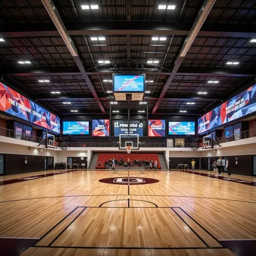 Inspiring gymnasium interior, polished wooden floors, gleaming sports equipment, motivational quotes, modern LED lighting, sleek metal beams, exposed ductwork, industrial-chic design, vibrant team col