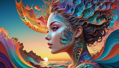 fractals art,fantasy art,shpongle,mermaid background,fantasy portrait,sirene,mermaid vectors,3d fantasy,promethea,vibrantly,world digital painting,sirena,diwata,amphitrite,fantasy woman,hesperides,oriental princess,psytrance,viveros,vibrancy,Illustration,Realistic Fantasy,Realistic Fantasy 39