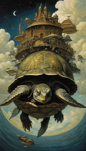 terrapin,land turtle,turtle ship,turtle,tortoise,water turtle,trachemys,turtles,map turtle,surrealism,floating island,tortoises,fantasy art,painted turtle,stacked turtles,sci fiction illustration,fantasy picture,macrochelys,trachemys scripta,turtle pattern,Illustration,Realistic Fantasy,Realistic Fantasy 09