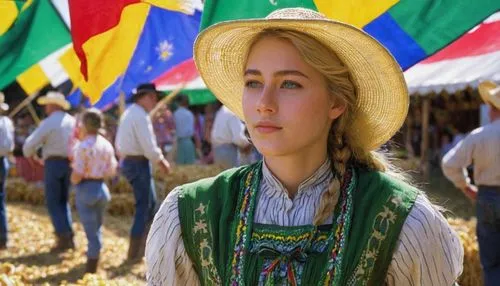 23-year-old woman, blonde, incredibly beautiful green eyes, dressed in a June festival outfit, square dance flags in the background and corn stalls in the background,a  in traditional costumes and str