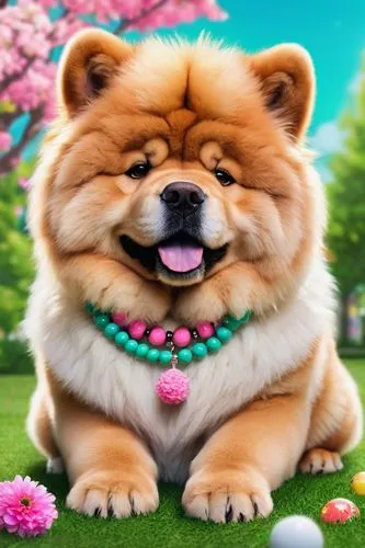 Cute Chow Chow, doodle art style, fluffy fur, curly tail, pink nose, big round eyes, black eye circles, white and brown fur mix, sitting posture, front paws together, back paws bent, flower crown, col