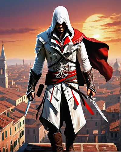 assassin,templar,assassins,hooded man,action-adventure game,lyon,white and red,red coat,red cape,android game,scythe,avgolemono,massively multiplayer online role-playing game,modena,game illustration,bonifacio,witcher,game art,lucca,edit icon,Illustration,Abstract Fantasy,Abstract Fantasy 04