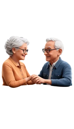 Elderly couple, grandparents, smiling, wrinkles, gray hair, glasses, gentle facial expression, holding hands, close-up, black and white, high contrast, warm lighting, soft focus, sentimental atmospher