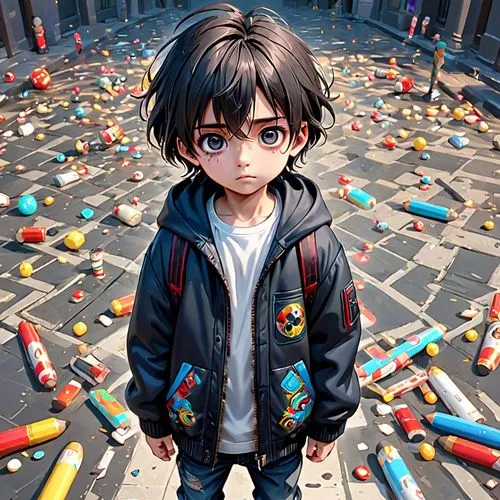 a poor little boy with black dark eye's and hair. looser; small - and smart. full body view,a boy standing on top of an alley in a street covered in candy,hiro,akira,anime 3d,rambow,eguren,protagonist