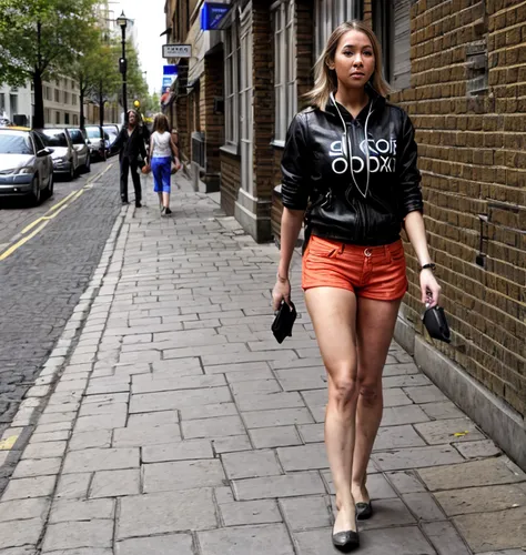 Blonde model on City street,  taxis, shops,woman walking,woman in menswear,girl walking away,menswear for women,woman's legs,street fashion,female runner,women's legs,fuller's london pride,bare legs,s