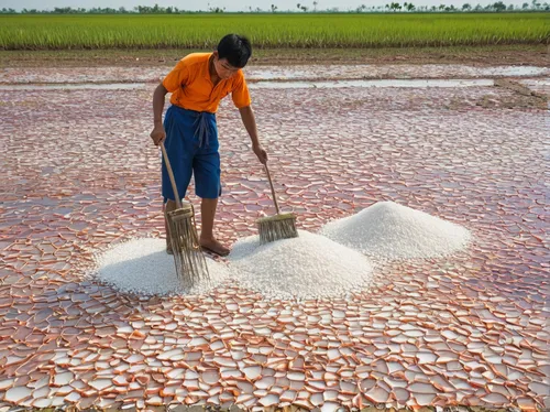 "28 MARCH 2014 - NA KHOK, SAMUT SAKHON, THAILAND:  Workers rake salt in an evaporation pond in Samut Sakon province. Thai salt farmers south of Bangkok are experiencing a better than usual year this y