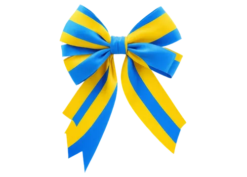 Ribbon, childhood cancer awareness, pale yellow and blue stripes, delicate texture, soft glow, gentle folds, tied in a bow, isolated on transparent background, shallow depth of field, warm color tone,