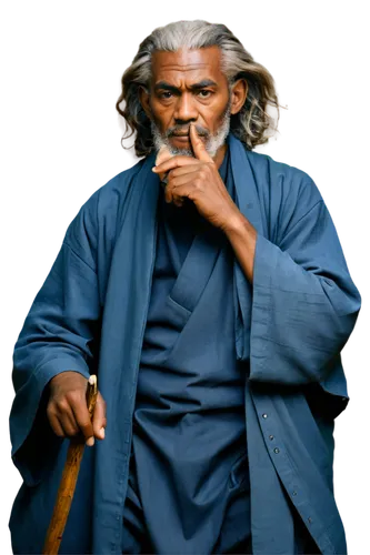 Old African man, wrinkled face, white beard, grey hair, worn-out clothing, cotton robe, wooden cane, sitting, serious expression, aged eyes, dark skin, warm lighting, shallow depth of field, 3/4 compo