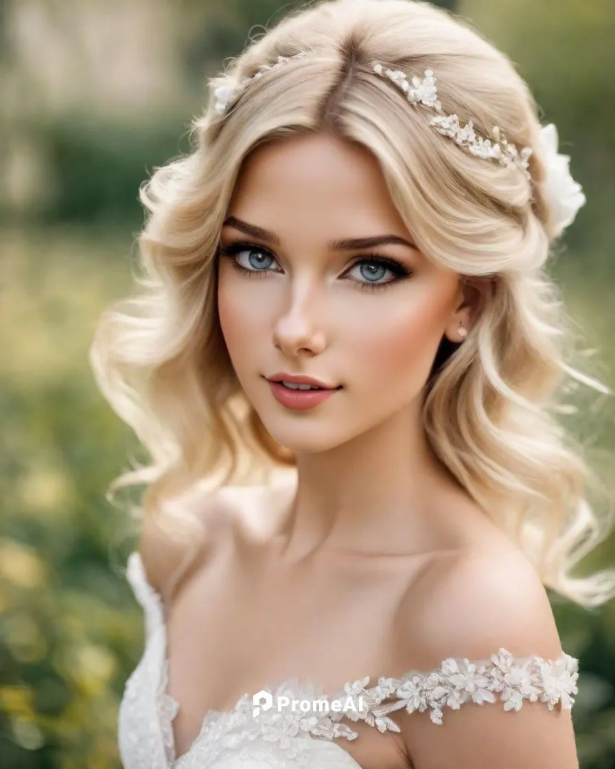 Pretty blonde bride, in perfect makeup, wearing a shoulderless dress on a sunny day, smiling, outdoor, photo in the style of Henri Cartier-Bresson,blonde in wedding dress,bridal jewelry,bridal,romanti