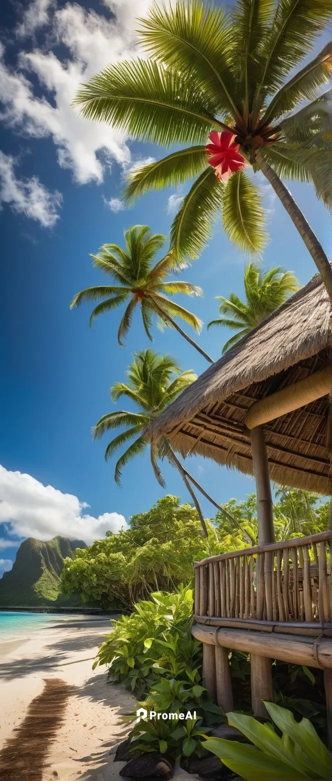 Traditional Polynesian hut, thatched roof, wooden pillars, woven bamboo walls, tropical plants surrounding, palm trees, hibiscus flowers, exotic island scenery, sunny day, bright blue sky, fluffy whit