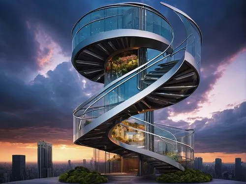 observation tower,sky apartment,skycycle,spiral staircase,futuristic architecture,skywalks,the observation deck,penthouses,observation deck,lookout tower,spiral stairs,skyloft,residential tower,sky space concept,winding staircase,arcology,escala,skywalk,skycraper,circular staircase,Art,Artistic Painting,Artistic Painting 26