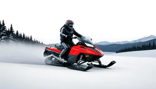 Snowmobile, speeding, winter scene, shiny metal body, sleek design, red and black stripes, windshield, headlights, skis, frozen lake, snowy mountain, frosty air, dynamic movement, action shot, low-ang