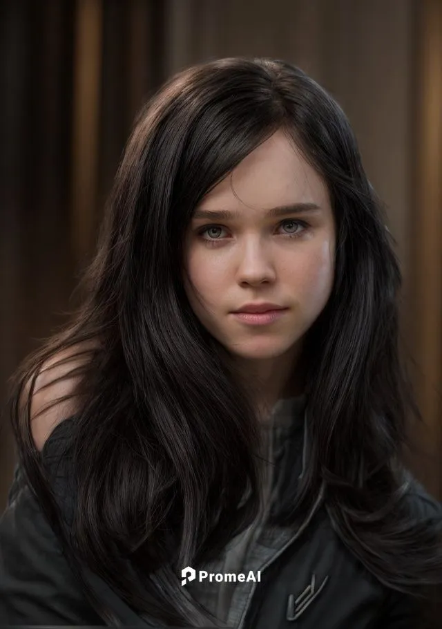 a portrait of a beautiful Ellen Page  19 years old black hair in a black custom of x men of marvel, the city of New York as background in 4k,katniss,portrait background,cgi,lori,silphie,laurie 1,digit