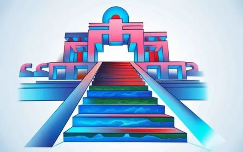 text AZTECA,a colorful stairway with many layers of architecture and a sky,step pyramid,water stairs,escaleras,platforming,escalera,heavenly ladder,Unique,Design,Logo Design