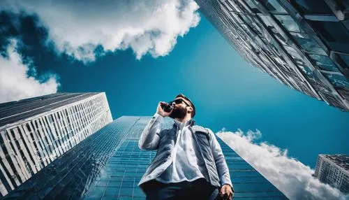 Professional photographer, male, 30s, beard, sunglasses, holding camera, standing, looking up, admiring architecture, modern skyscraper, cityscape, glass and steel, geometric shapes, urban jungle, day