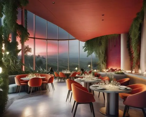 A luxury restaurant inspired by Zaha Hadid and Gray with exposed concrete elements and colored glass and with lots of light and a romantic atmosphere,fine dining restaurant,alpine restaurant,dining ro