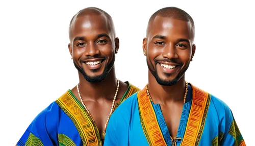 African man, South African, muscular, athletic build, dark skin, shaved head, thick beard, bright smile, colorful traditional clothing, patterned dashiki, golden jewelry, strong facial features, promi