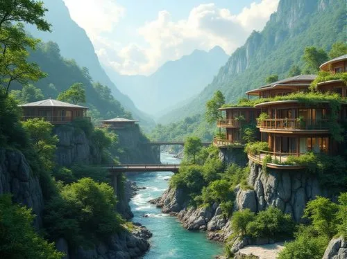 rivendell,tigers nest,house in the mountains,fallingwater,house in mountains,mountain settlement,shangri,alpine village,japanese alps,verzasca,building valley,gondolin,butka,mountain village,wenchuan,taroko,the alps,fantasy landscape,green valley,suisse,Photography,General,Realistic