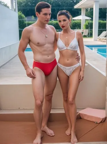 Mr. and Mrs. Umberto and Lucia Consentino at the swimming pool.,two people are standing next to a swimming pool,speedos,marcuse,goncharov,polykleitos,bikinians,lifeguards,Photography,Black and white p