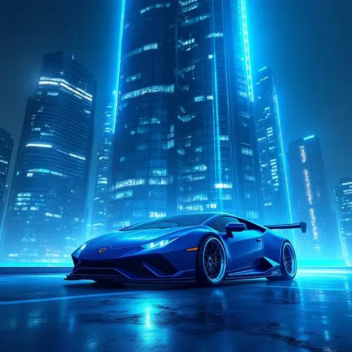 Vibrant blue tone, futuristic neon cityscape, 3/4 composition, low-angle shot, striking visual impact, dynamic lighting, gleaming metallic skyscraper, sleek blue sports car, chrome wheels, reflective 