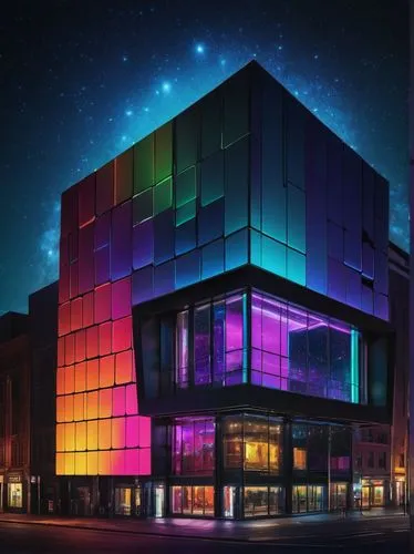 tetris,colorful facade,graecorum,melodifestivalen,emporium,prism ball,hypermodern,multiplexes,discoideum,harpa,disco,prism,cube house,glass building,planetarium,nightclub,cubic,futuristic art museum,yotel,luminato,Illustration,Retro,Retro 03