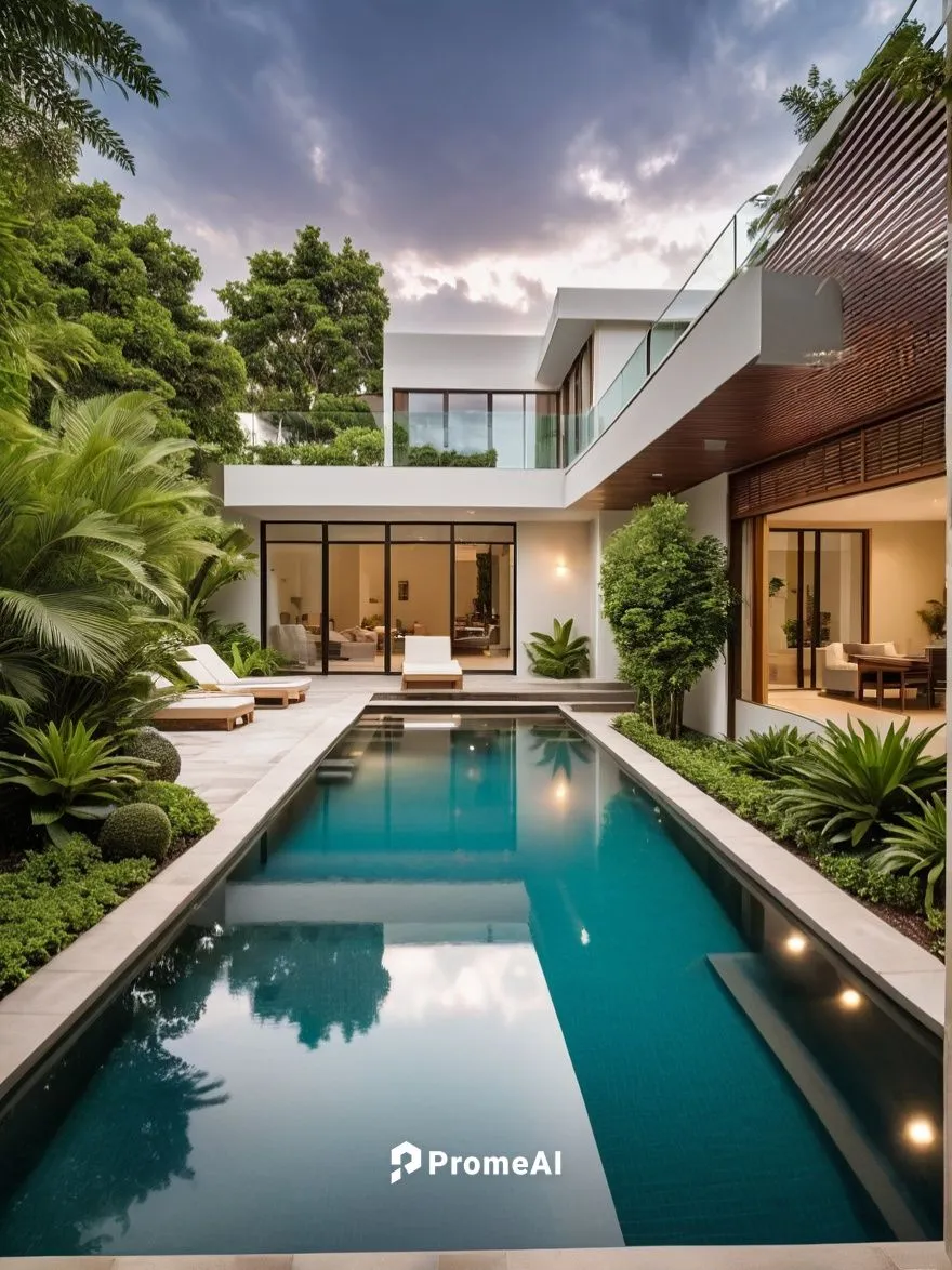 imagine a visual masterpiece of a modern courtyard residence with lush landscaping and a tranquil pool. Capture the soft, diffused light of a cloudy day, enhancing the architectural details and creati