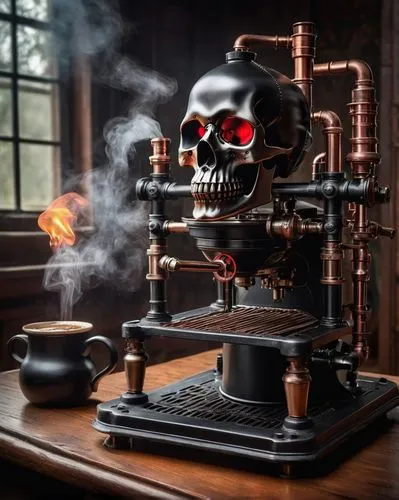 Skull-shaped coffee maker, steampunk-inspired design, intricate copper pipes, ornate Victorian-era details, glossy black finish, glowing red eyes, eerie ambient light, mysterious fog surrounding, old-