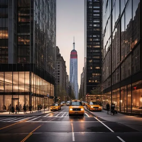 Modern architecture firm, NYC, skyscraper background, glass and steel structure, sleek lines, urban landscape, busy streets, taxis, pedestrians, concrete pavement, modern streetlights, evening time, w