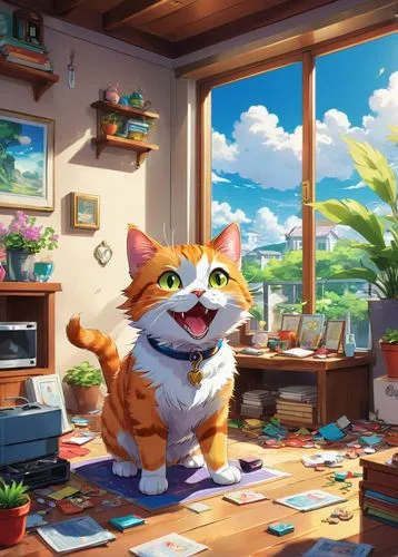 calico cat,cattery,cat's cafe,game illustration,orange tabby cat,children's background,alberty,summer background,ghibli,cat frame,studio ghibli,calico,commissionner,background images,cute cat,felidae,french digital background,kitterman,cartoon cat,summer day,Illustration,Japanese style,Japanese Style 03