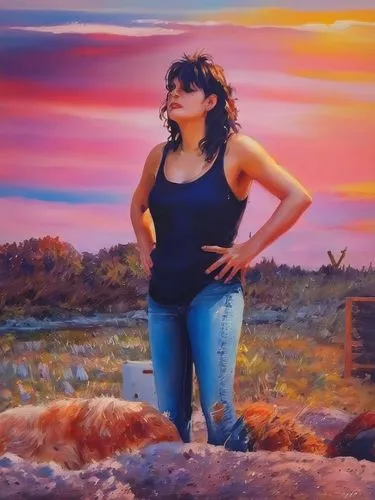 oil painting,oil painting on canvas,oil on canvas,colored pencil background,photo painting,girl with dog,desert background,rhonda rauzi,artist portrait,woman sitting,art painting,woman holding gun,gir