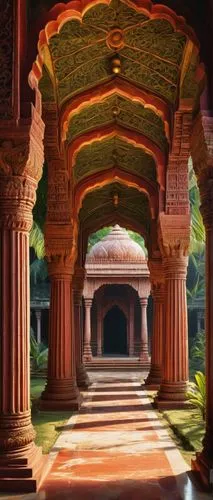 Ancient Indian architecture, intricate carvings, ornate temple walls, tall pillars, Hindu mythology-inspired sculptures, vibrant colors, golden domes, red stone, marble floors, lush greenery surroundi