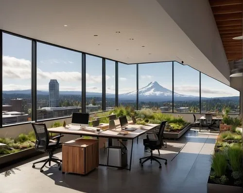 Portland, landscape architecture firm, modern office building, glass facade, green roof, sustainable design, wooden accents, natural light, open space, collaborative workspace, young professionals, la