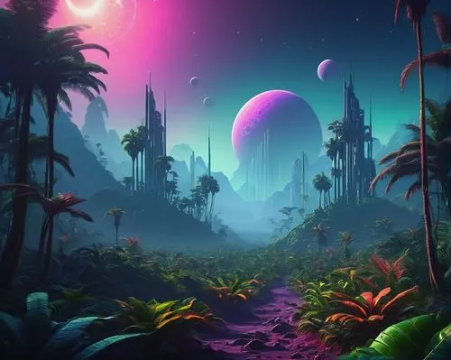 A retrofuturistic colony of humans, on an exotic alien planet, in a distant solar system. Retro Sci-Fi style. Synthwave style.,a fantasy jungle filled with trees and plants,futuristic landscape,alien 