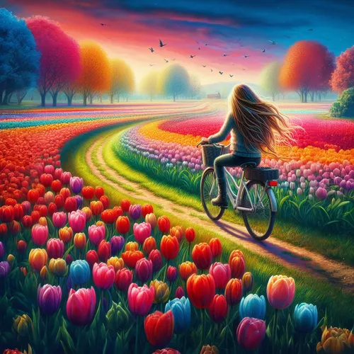 Extender y completar la imagen,tulip field,artistic cycling,tulips field,tulip fields,tulip festival,woman bicycle,floral bike,bicycle ride,springtime background,bicycle,colorful background,bicycling,