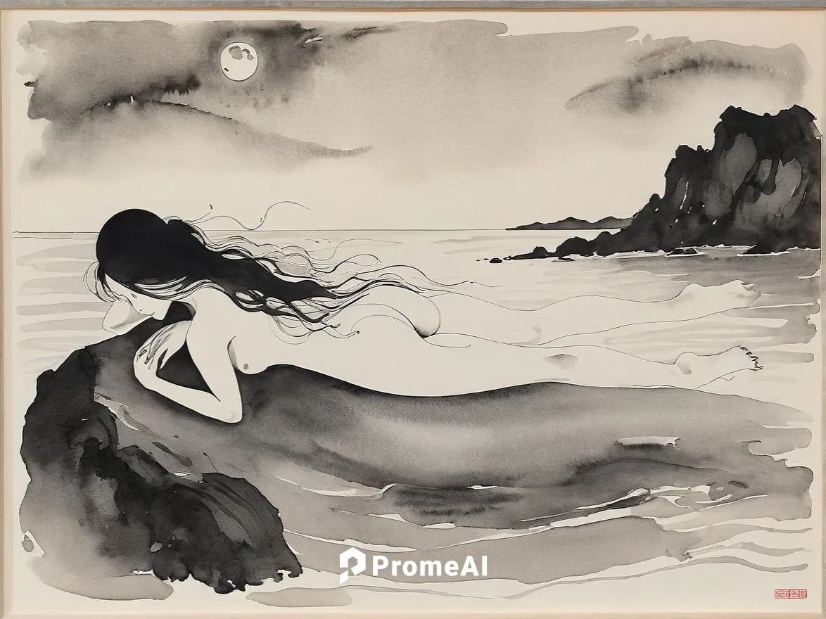 Moonlit Serenity by the Sea ,Passion Sexy Painting ,Naked Woman  Abstract Body Art Oil Painting
,naiad,sirene,the sea maid,ondine,amphitrite,naiads,the wind from the sea,sumi,sea night,ugetsu,watercol