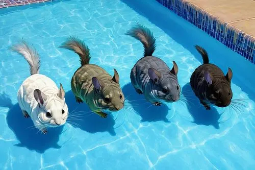 Some different colors chinchillas swimming at swimming pool,Some different colors chinchillas swimming at swimming pool,dauphins,pupfish,hippopotamuses,tapirs,houndshark,dachshunds,Illustration,Paper 