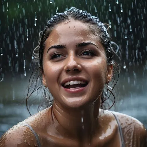 in the rain,raining,soaked long hair,young woman,Laughing,water,Photography,General,Fantasy