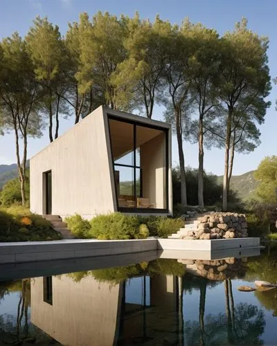 DISEÑO EXTERIOR DE UNA CABAÑA ESTILO MINIMALISTA, A BASE DE UNA ESTRUCTURA DE ACERO, FORRADA CON LAMINA DE ACERO, TROQUELADA NEGRA, CON UN VENTANAL PANOMRAMICO, SOPORTADA POR UN MURO DE PIEDRA, QUE CO