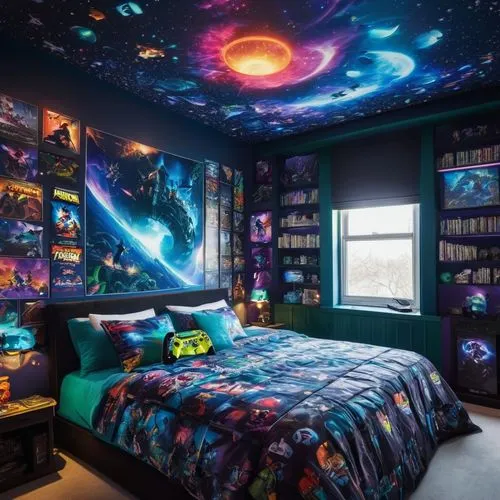 great room,boy's room picture,sleeping room,kids room,children's bedroom,fairy galaxy,duvet cover,the little girl's room,ufo interior,space art,space,outer space,cosmic,deep space,colorful stars,room creator,room,bedroom,modern room,starry night,Illustration,Realistic Fantasy,Realistic Fantasy 15