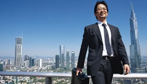 businessman, sales representative, mature male, (35yo), confident smile, brown hair, glasses, formal wear, black suit, white shirt, tie, leather shoes, holding a briefcase, standing, modern skyscraper