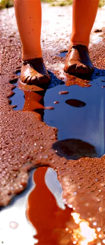 puddle,puddles,toddler walking by the water,reflection in water,reflecting pool,reflections in water,reflection of the surface of the water,underfoot,salt pan,photo art,asphalt,pavement,forefeet,reflected,rubber boots,water reflection,bathing shoe,flatfooted,red sand,evaporation,Illustration,Realistic Fantasy,Realistic Fantasy 17